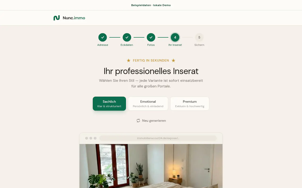 Nunc-Inseratvorschau mit drei auswählbaren Textstilen und einem lokalen Beispielfoto der Wohnung.