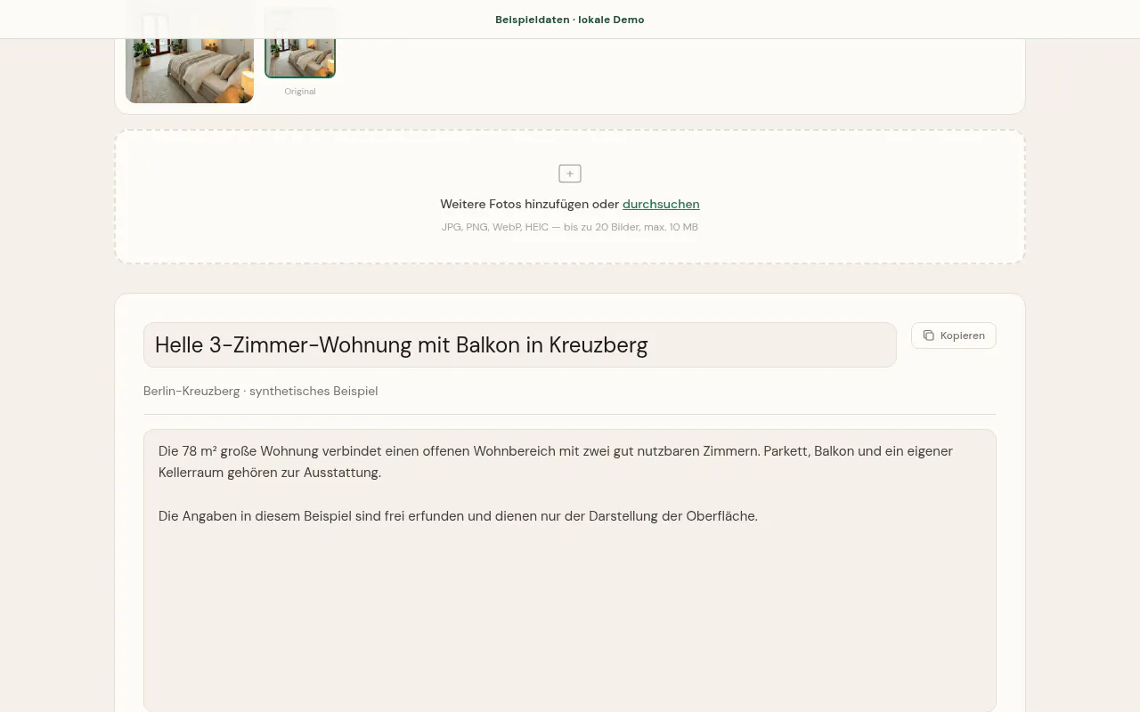 Nunc-Dashboard mit einem geöffneten Bearbeitungsfeld für Überschrift und Beschreibung des Beispielinserats.