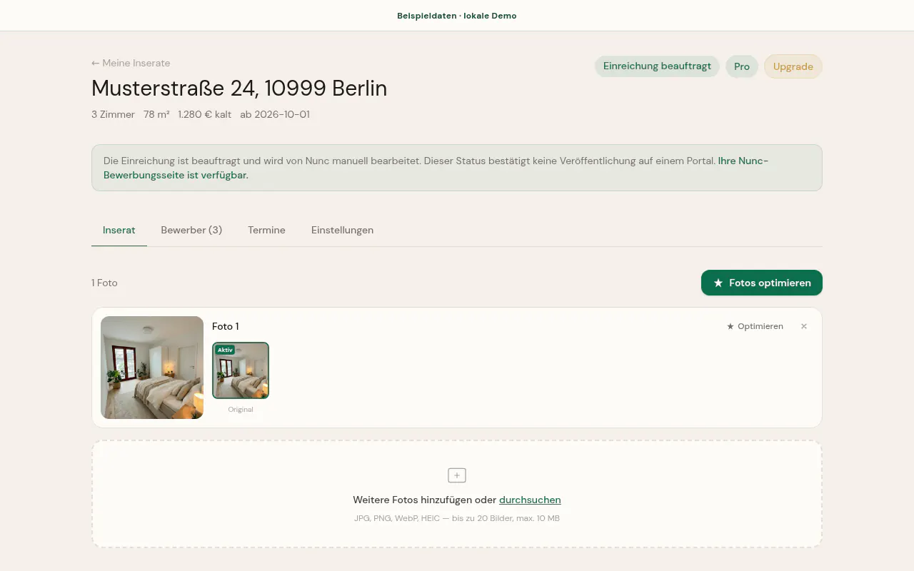 Nunc-Dashboard mit dem Status Einreichung beauftragt und dem Hinweis, dass damit noch keine Portal-Veröffentlichung bestätigt ist.