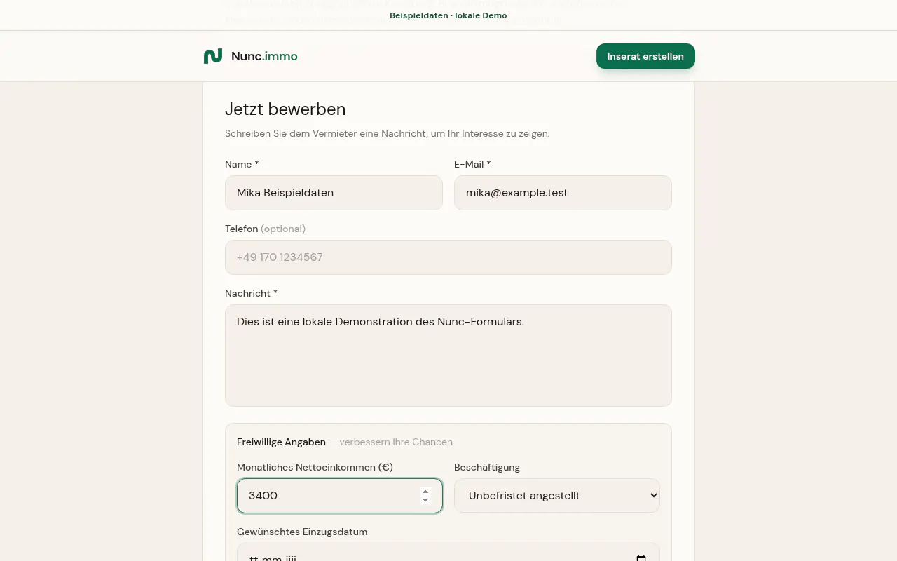 Öffentliches Nunc-Bewerbungsformular mit lokal ausgefüllten Beispielwerten für Name, E-Mail, Nachricht, Einkommen und Beschäftigung.